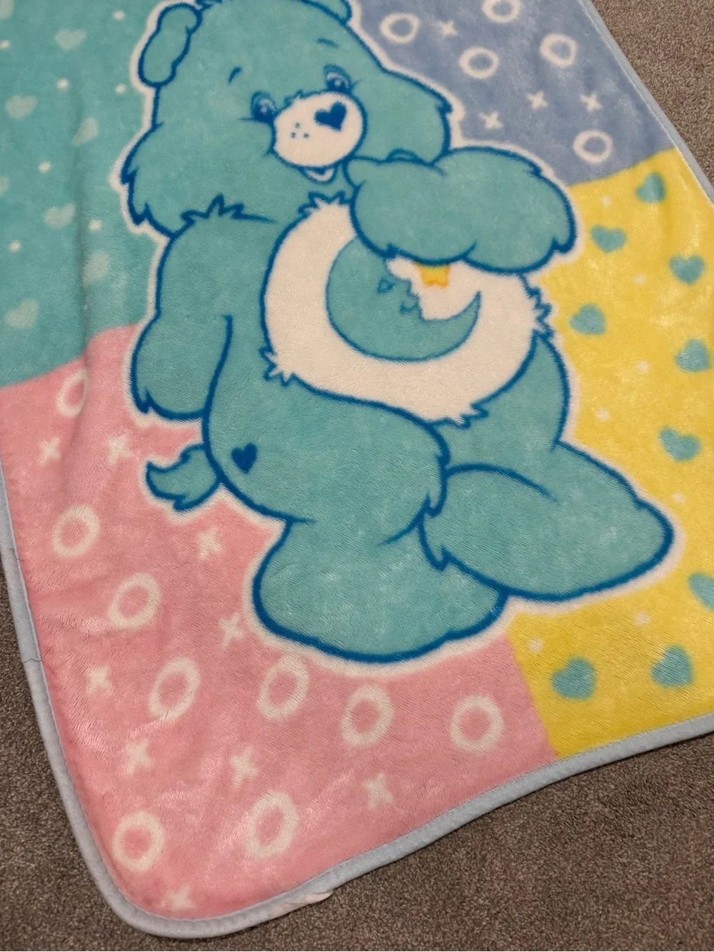 🐻💙VTG Care Bears Bedtime Bear Pink Yellow & Blue Print Plush Baby Throw Blanket